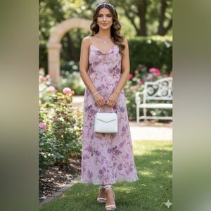 Mary Mc Fadden Collection long Floral Dress pink/likac Pink Slip Dress, Size 12